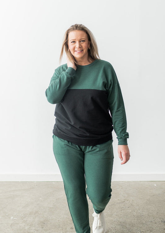 Sustainable Canadian made colorblock sweatshirt in black and green
